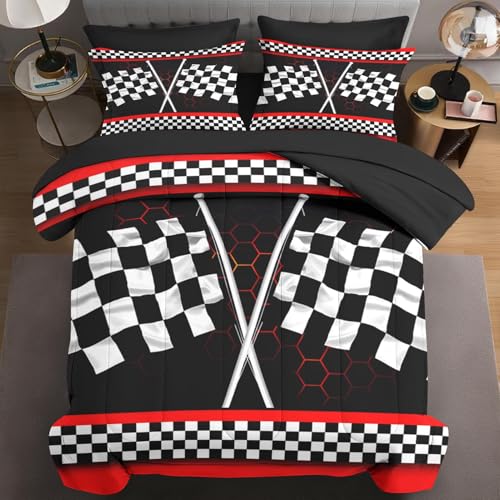 WeCozy 5 Pcs Twin Size Comforter Set with Pillowcase & Sham, Racing Car Auto Bedding for Kids and Adults, Race Checkered Sport Bed in a Bag with Flat Fitted Sheet