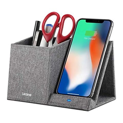 Lecone 10W Fast Wireless Charger with Desk Organizer Qi Certified Fabric Induction Charger Stand Pen Pencil Holder Compatible iPhone SE 2020/11/Xs MAX/XR/XS/X/8/8, Samsung S20/S10/S9/S8/Note 10, Grey Cover