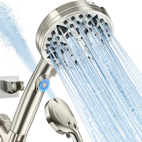 Jill Deaaa® Shower Head, 9-Mode High Pressure Shower Head with Handheld & ON/Off Switch, Anti-clog Nozzles & Built-in Spray, With Stainless Steel Hose, Wall & Overhead Bracket (Brushed Nickel)