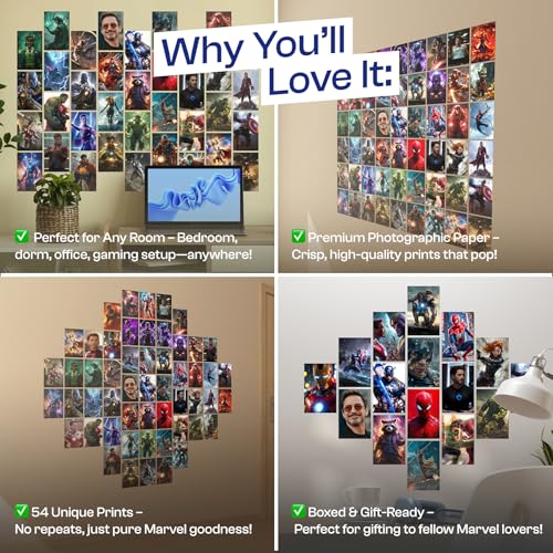 Image of Superhero Action Posters Set of 54 - 4x6 Inch Cinematic Wall Art Prints | Power Heroes, Sci-Fi Action Scenes & Aesthetic Room Decor Wall Collage Kit