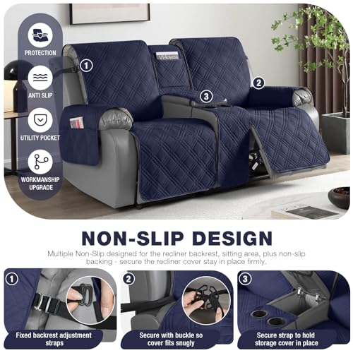 Image of TAOCOCO Polyester Loveseat Recliner Cover With Center Console, 100% Waterproof Pet For Dual Cup Holder, Split Reclining Furniture Pet&Kids Protector (2 Seater, Navy Blue)