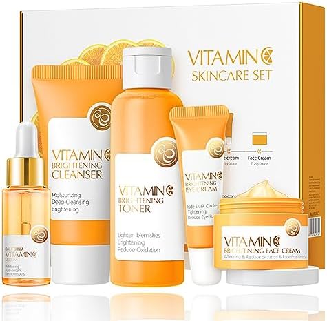 Vitamin C Skin Care Set, Girls Skincare Gift Set With Cleanser, Toner, Face Serum, Face & Eye Cream, Skin Care For Teens 10-12, Lasting Moisturizing Travel Skincare Set For Women