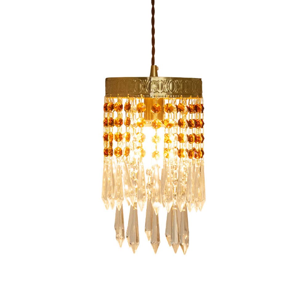 FYZDLAOR Brass Crystal Pendant Light with Adjustable Height,for Living Room Bedroom Cafe Teahouse Bar Dining Room Club（with E14 Warm White LED Bulb）
