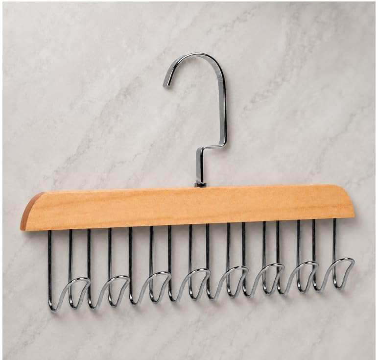 Solid Wood Multifunctional Hanger with 8 Chrome Hooks, Natural Wood Colour, 27cm, for Ties, Belts and Accessories-image-17