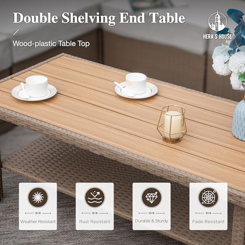 Image of HERA'S HOUSE Patio Furniture Set, 4 x Cushioned Chairs, 3-Seat Sofa with Wood Grain Coffee Table, 5 Seats Luxury Windsor Style All Weahter Outdoor Sofa Conversation Set for Deck Lawn Backyard