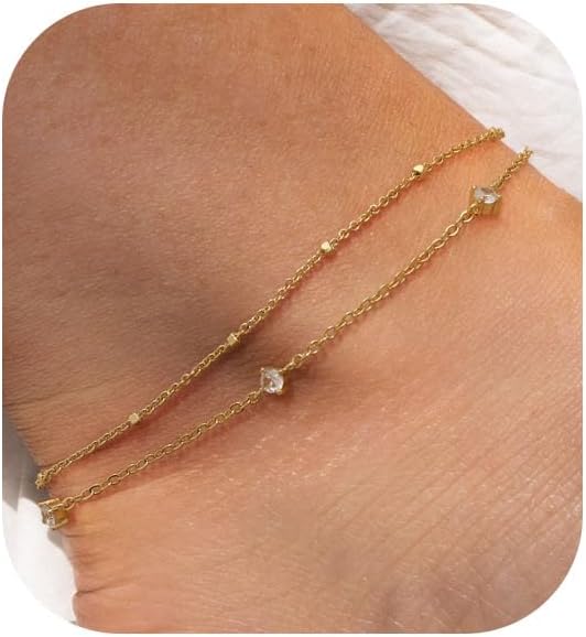 Ankle Bracelets for Women, Gold Anklets for Women Waterproof 14k Gold Plated Herringbone Beaded Satellite Pearl Gold Anklets Layered Anklet Bracelets for Women Gold Jewelry Gifts