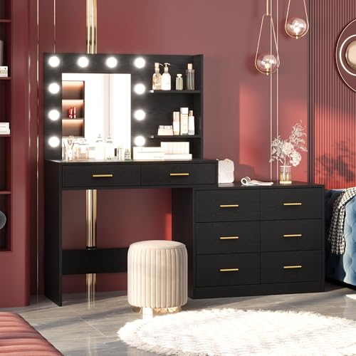 61" Make up Vanity Desk with Mirror and Lights, Black Vanity with 8 Wide Storage Drawers & 2 Tier Shelves, 3 Lighting Modes with Adjustable Brightness for Bedroom