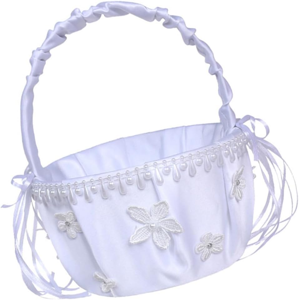 LABRIMP Wedding Lace Flower Girl Basket White Elegant Pattern Petals Holder for Wedding Ceremony Supplies