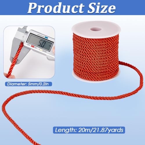 SOFPLATE 20M/21.87 Yards Twisted Cord Rope Decorative Cording Trim 5mm Red Polyester 3-Ply Silk Twine String Twist Braided Thread Graduation Honor Cords for Home Decor Bag Upholstery Curtain Tieback - Image 2