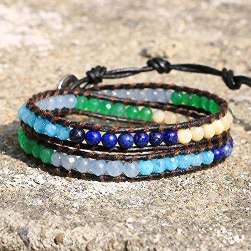 Image of KELITCH Natural Agate Onyx 2 Wrap Bracelets Handmade Leather Strand Bracelets Fashion Jewelry