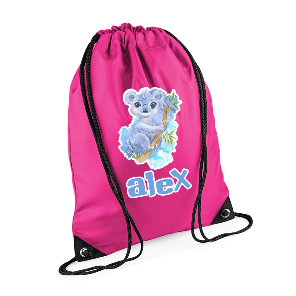 Getagift Personalized Cute Watercolour Koala Drawstring Bag for Kids, Back to School, Waterproof Sports Backpack, PE Kit Bag, Gym and Swimming Bag, Sport Rucksack. (Fuchsia)