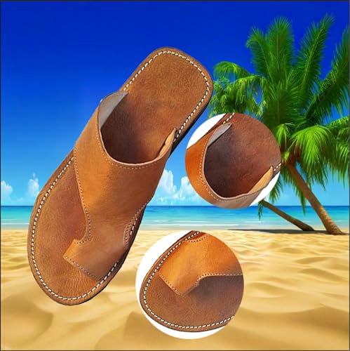 Men Toe Ring Casual Summer Leather Bunion Corrector Slip-On Sandals, Front and Rear Hollow Fish Mouth Square Toe Corrector Flip Flops, for Flat Feet and Plantar Fasciitis Orthopedic(Coffee,10)3