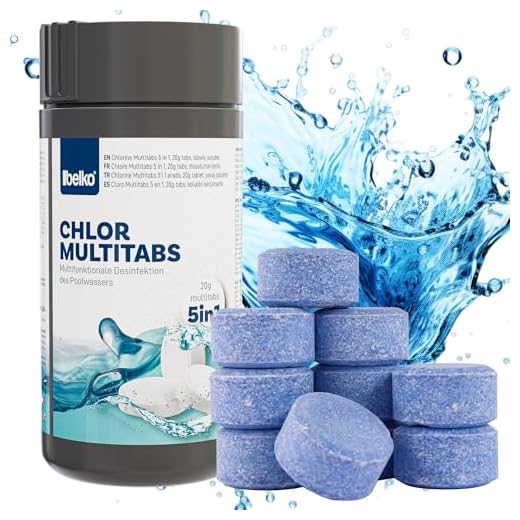 Belko® Chlor MultiTabs 5 in 1, 20 g Multifunktionstablette, langsamlöslich Langzeitdesinfektion Algenvernichtung Trübungsentfernung Chlortablette für Pool Härtestabilisator - ideal für Pools bis 20m³