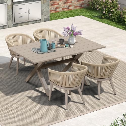 Image of PURPLE LEAF 5 Pieces Outdoor Dining Set with Patio Aluminium Dining Table and Wicker Chairs Modern Furniture Cushions Sets for Backyard Indoor Decor Kitchen Champagne