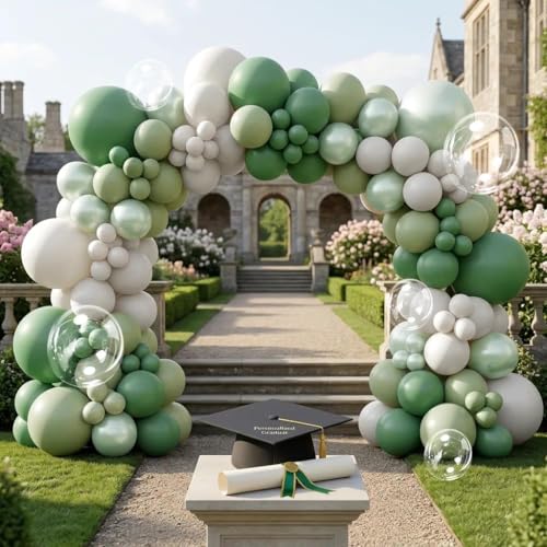 Image of Green White Balloons Double Stuffed Green Bobo Pearl Balloon Arch Kit | Light Olive White Balloon Garland for Jungle Safari Wildone Birthday Baby Shower Wedding Anniversary Decor