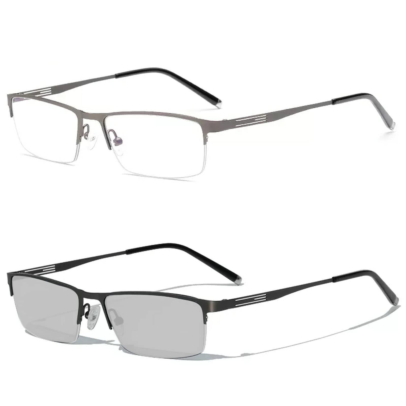 laureles Photochromic Reading Glasses for Men Business Square Metal Half Frame Sun Photochromic Lens Readers (Grey, 0.0, multiplier_x)