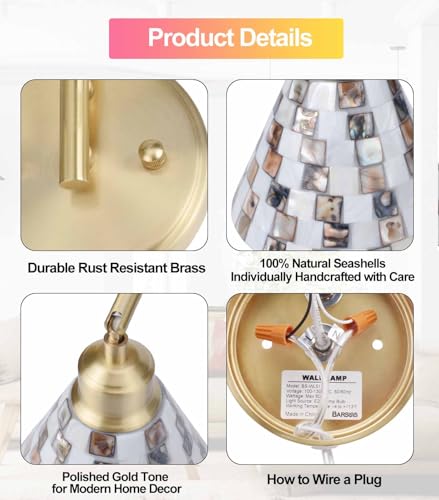 Image of Mother-of-Pearl Shell Brass Wall Sconce, Natural Shell Mosaic Shade Modern Wall Lamp with Edison LED Bulb, Plug-in or Hardwire Bedside Wall Light for Living Room, Bedroom, Hallway, Dining Room, Foyer