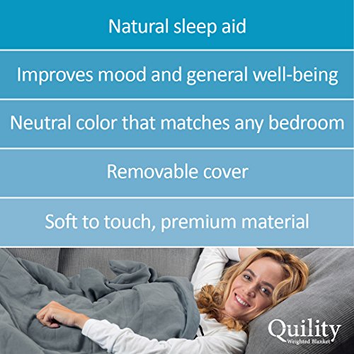 Quility Premium Adult Weighted Blanket & Removable Cover - 15 lbs - 48"x78" - for Individual Between 90-150 lbs - Twin Size Bed - Premium Glass Beads - Cotton/Minky - Grey/Navy Blue Color