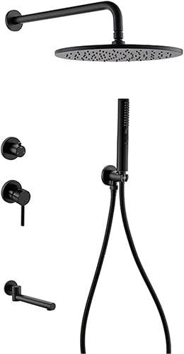 Matte Black Tub and Shower Faucet Set with Handheld Bathroom Rain Mixer Shower System with Tub Spout, 81012 Inch Shower Head and Handle Set, 3