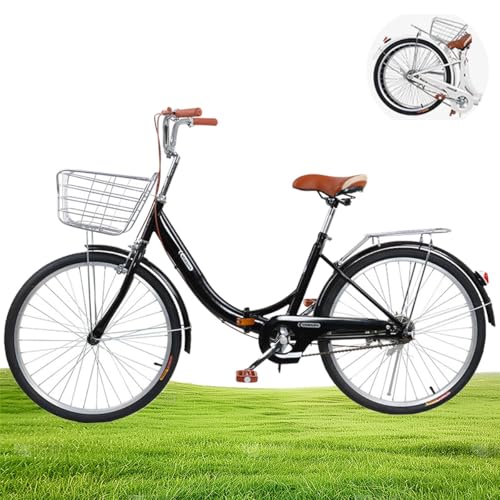 Foldable Beach Cruiser Bike Womens Bicycle, Bikes,Folding Bike, City Commuter Bike with, Commuter Bike with Headlight and Taillight (Black, 24 in)