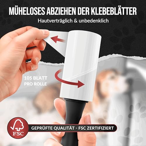 IDEALTASTIC® Fusselrolle Tierhaare & Kleidung im Vorteilspack mit 2xGriff & 5x105 Blatt I Fusselentferner Kleidung extra klebrig I Tierhaarentferner einfach zu wechseln I Fusselbürste + Staubschutz