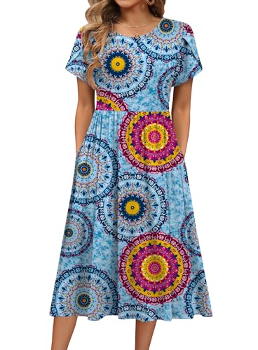 Image of HOTOUCH Women's Summer A-Line Midi Dresses 2026 Casual Floral Short Sleeve T-Shirt Dress Flowy Beach Sundress with Pockets