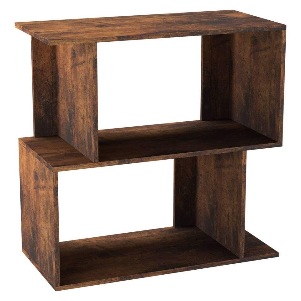 URBNLIVING 60cm Width Rustic Brown 2 Tier Wooden Shelving Unit Freestanding Bookcase Display Organiser with Irregular Storage Compartments for Bedroom Study Living Room Office Modern Open Bookshelf