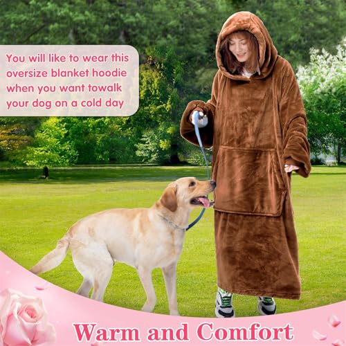 Image of Waitu Wearable Blanket Sweatshirt Gifts for Women and Men, Warm and Cozy Giant Blanket Hoodie, Thick Flannel Blanket with Sleeves and Giant Pocket - Camel