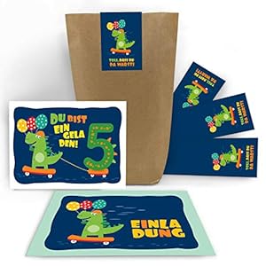 Lot de 12 cartes d’invitation pour 5e anniversaire d’enfant garçon Motif dinosaure 5ème anniversaire avec 12 enveloppes…