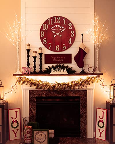 Bew Large Vintage Wooden Wall Clock, 24 Inch Silent Battery Operated Arabic Rustic Chic Decorative Wall Clock For Living Room - Red #TOP3