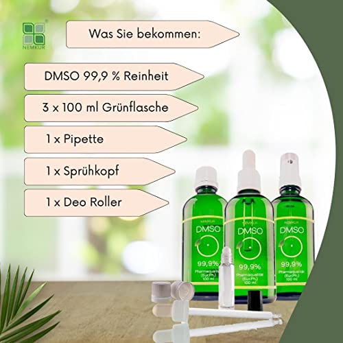 DMSO zestaw 99,9% 100 ml – jakość farmaceutyczna – z głowicą natryskową, pipetą, wałkiem i kroplaczem – wyprodukowany w Niemczech (3 x 100 ml zestaw)