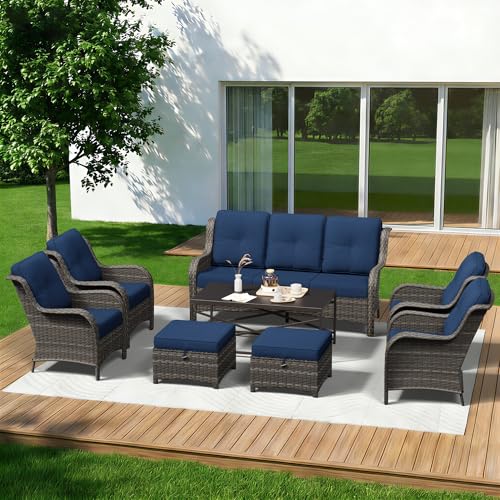 Image of 8 Piece Outdoor Wicker Patio Furniture Set, Patio Chairs Set with Thickened Olefin Cushions, High Back and Deep Seating, Hand-Woven PE Rattan, Ottoman for Porch, Deck