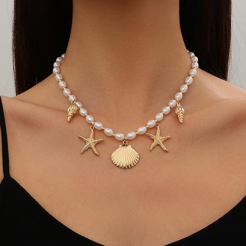 Boho Starfish Seashell Shell Pendant Necklace Adjustable Multilayered Natural Conch Pearl Seashell Choker Necklace Ocean-Themed Statement for Women Summer Beach Vacation Holiday Jewelry Gifts - Image 5