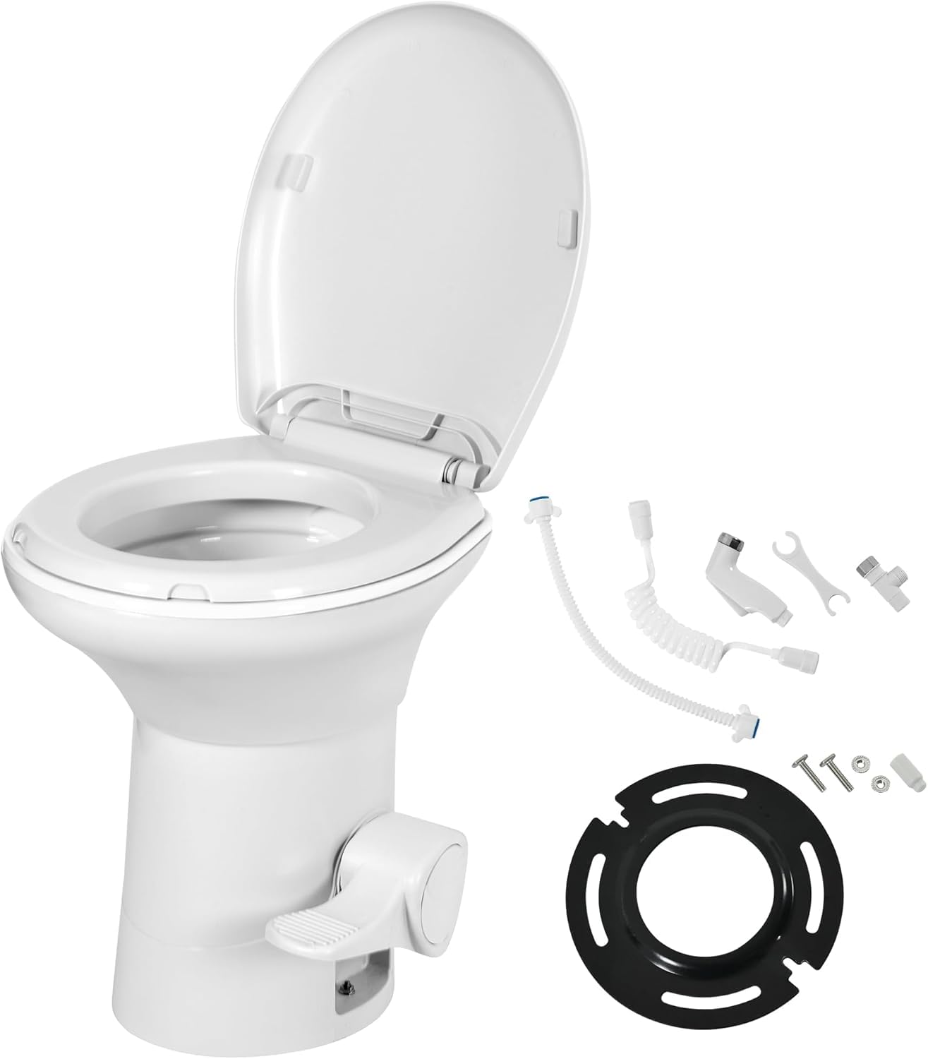 YITAMOTOR RV Toilet with Enamel Bowl, Plastic Toilet Body, Pedal Flush, Gravity Flush Toilet High Profile with Hand Sprayer and Flange for Motorhome Caravan Car Travel,White-Porcelain w Sprayer
