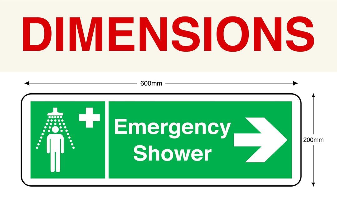 Hinweisschild "Emergency shower arrow right", 3 mm Aluminium-Dibond für den Innen- und Außenbereich (600 mm x 200 mm), 7 m Sichtabstand.