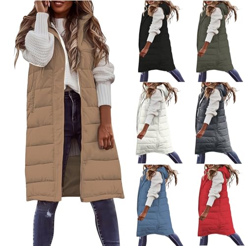Womens Long Puffer Vest Casual Sleeveless Quilted Coats Lightweight Full Zip Jacket Warm Winter Vest with Hood3