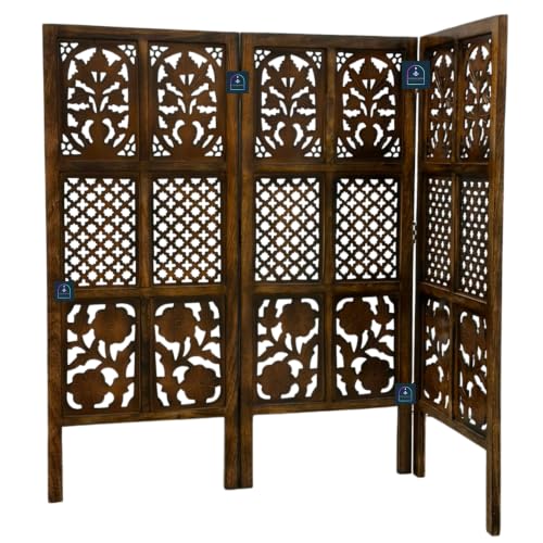 Image of Wooden Room Partition Screen with Burnt Wood Finish | Hand Buffed Traditional Handicraft Room Divider | 6 Ft Height Indoor Room Separator (3 Panel 4 Feet)
