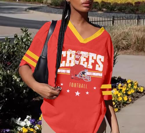 Oversized Football Jersey Tshirt Women Game Day Graphic V-Neck Jersey Tees Football Team Fans Mesh Tshirt3