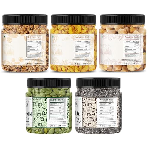 Image of LILA DRY FRUITS Healthy Mix Combo - Walnut, Raisins, Apricots, Chia Seeds & Pumpkin Seeds 100 Gms x 5 | Dry Fruits & Seed Mix for Daily Snacking & Nutrition Perfect for Gifting
