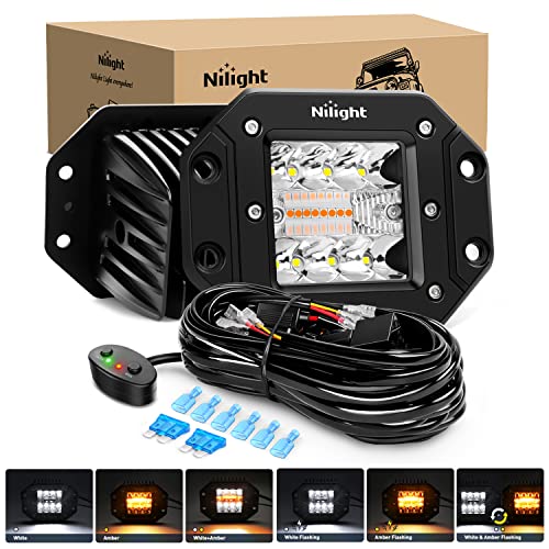 Image of Nilight 2PCS 42W Light Pods Flush Mount Spot Flood Amber White Strobe 6 Modes Memory Function for Fog&Snow Off-Road Truck Car ATV JEEP Cabin Boat with 16AWG Wiring Harness Kit-2 Leads
