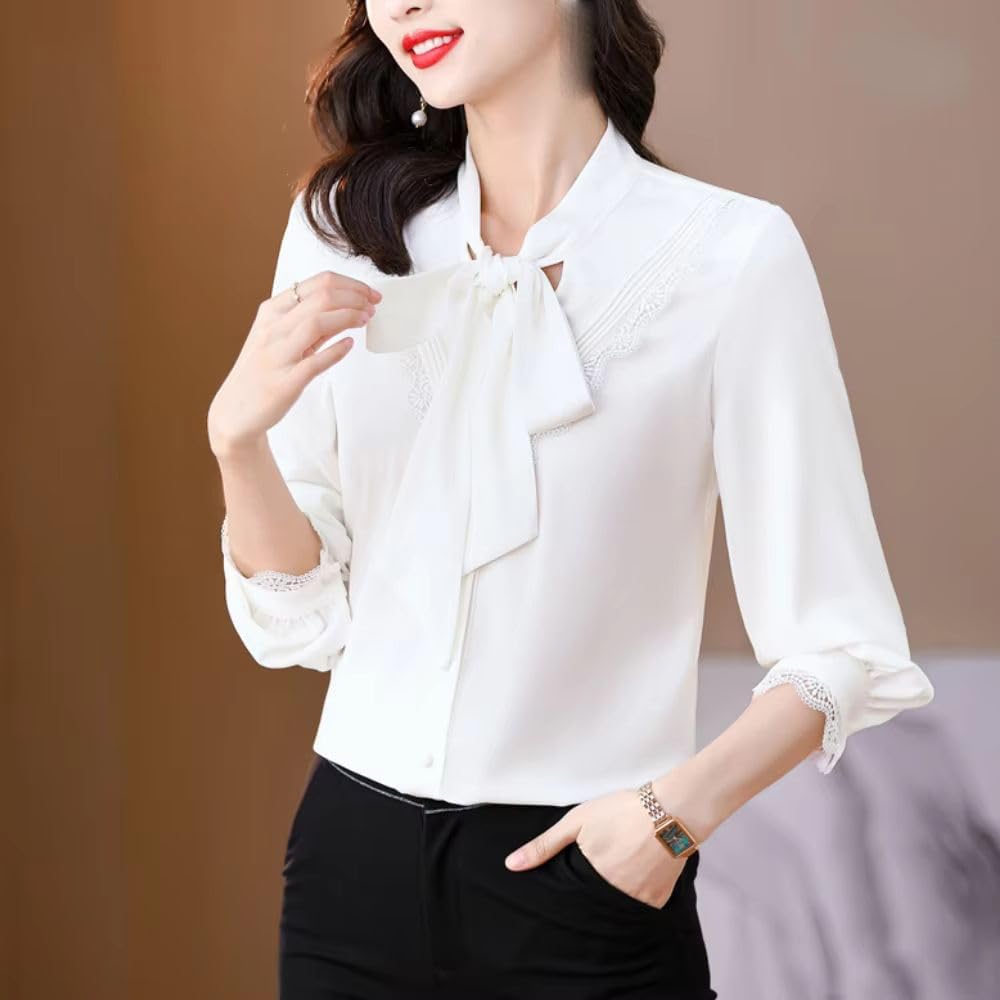 Women's Shirt Elegant Long Sleeve Lace Stitching Bow Lace-Up Blouse Office Lady Top