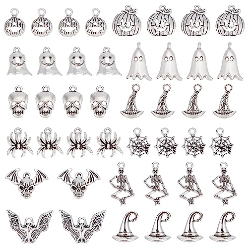 SUNNYCLUE 1 Box 72Pcs 12 Style Skull Charms Pumpkin Charm Bulk Halloween Skeleton Bone Spider Hat Magic Gothic Charm for Jewelry Making Charms DIY Earrings Bracelet Necklace Craft Treat or Trick Gift