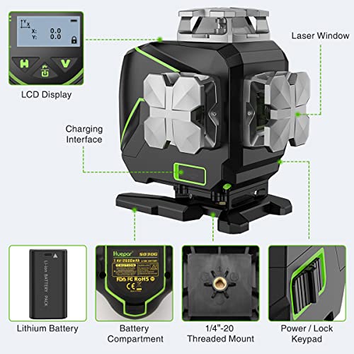 Huepar 16 Lines Self-Leveling Laser Level 4 X 360 Cross Line Laser With Lcd Screen, 4D Bluetooth Green Beam Tiling Floor Laser Tool -360 Horizontal/Vertical Laser -Remote Control&Hard Carry Case S04Cg #TOP7