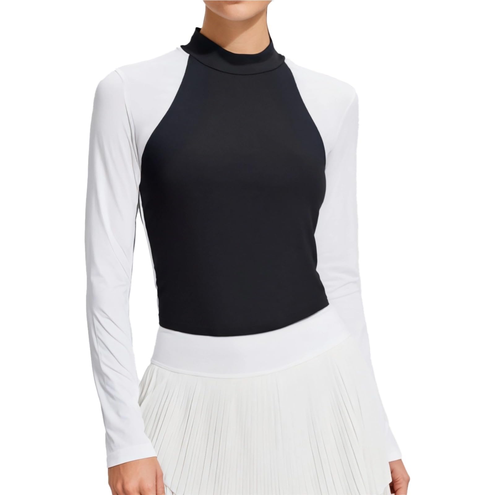 Generisch Tennisrock-Set für Damen, zweiteiliges Sportoutfit, Kontrastoberteil mit halbem Rollkragen und Langen Ärmeln, Faltenrock, weich, dehnbar, aus Nylon/Elasthan, für vielseitige Aktivitäten