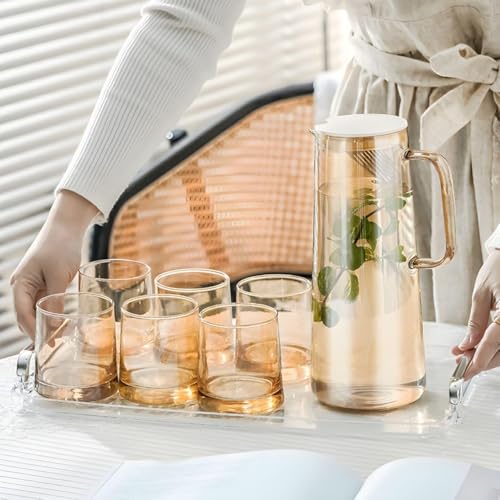 Image of Premium Water and Juice Brown Glass & Borosilicate Glass Jug Set Combo [6 Piece Glass 280ML & 1 Piece Jug 1.8 Liter] Transparent Pitcher Set For Dining Table,Home & Restaurant,Party (MTS - 08)