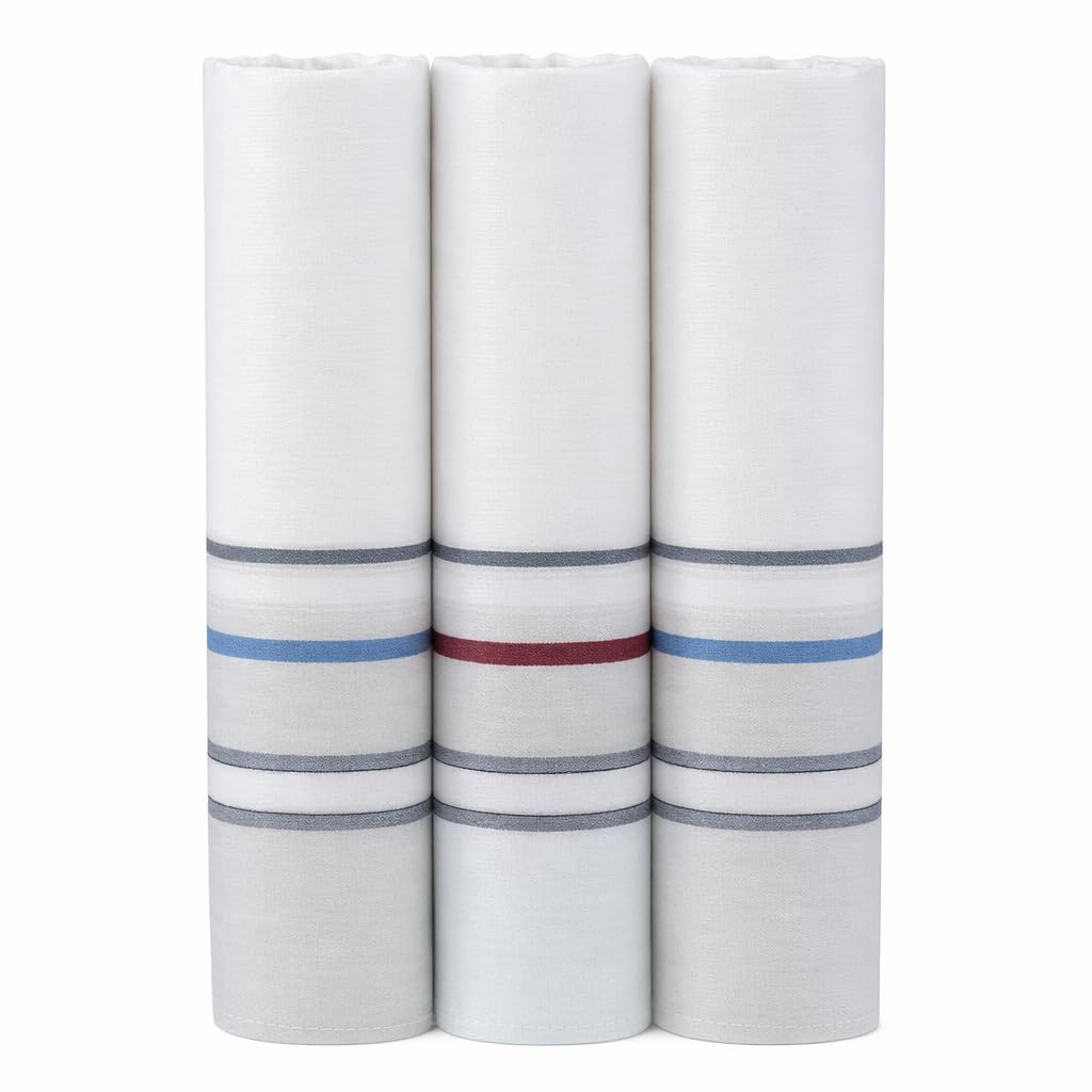 Mandittions Men's 1 Pk White With Coloured Striped White Handkerchiefs With Thin Coloured Stripes Soft Pure Cotton Large Size 45Cm X 45 Cm Box Of 3