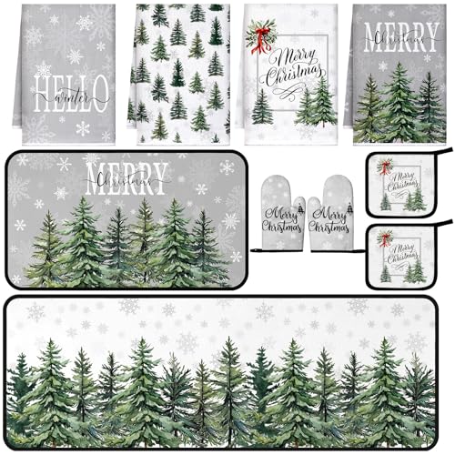 Fourluoo 10 Pcs Christmas Tree Snowflake Farmhouse Kitchen Decor Set Kitchen Dish Towels Rugs Oven Mitts and Pot Holders Set for Cooking Baking Grilling Women Mom Daughter Gift (Gray, Green)