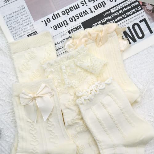Image of 5 Pairs Women's Lace Ruffled Socks with Bows, Cute Frilly Ankle Socks