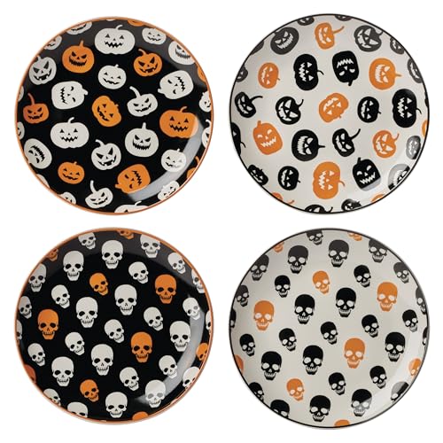 Oneida Dinnerware Set, Vintro Halloween Accent Plates, Assorted Set of 4, Porcelain, Dishwasher Safe, Microwave Safe, Halloween Decor Indoor, Skulls, Pumpkins, Spooky Decorative Plates (4 Piece)