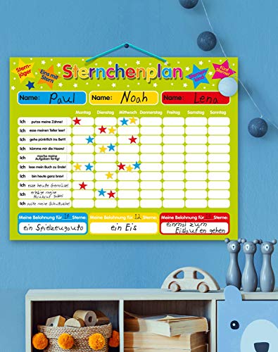 Magnetischer Sternchenplan/Belohnungstafel für bis zu DREI Kinder Feste Tafel, 40 x 30 cm, mit Aufhängeöse